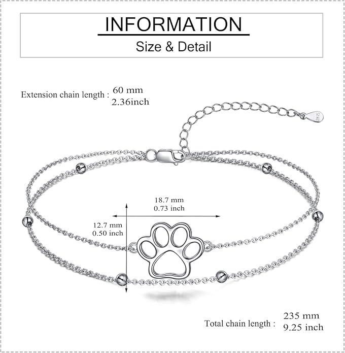 ONEFINITY Paw Print Anklet 925 Sterling Silver Pet Dog Cat Paw Layered Ankle Bracelet Pet Jewelry Gifts for Women