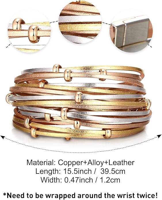 Fesciory Leather Wrap Bracelets for Women, Boho Leopard Multi-Layer Crystal Beads Cuff Bracelet Jewelry