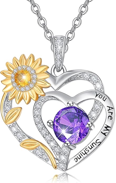 Zeuslia Double Birthstone Necklace Gifts for Wife - 925 Sterling Silver Sunflower/Rose/Crown Cross/Compass/Heart Pendant I Love You Necklace, Anniversary Birthday Gifts for Wife Girlfriend Mom Her