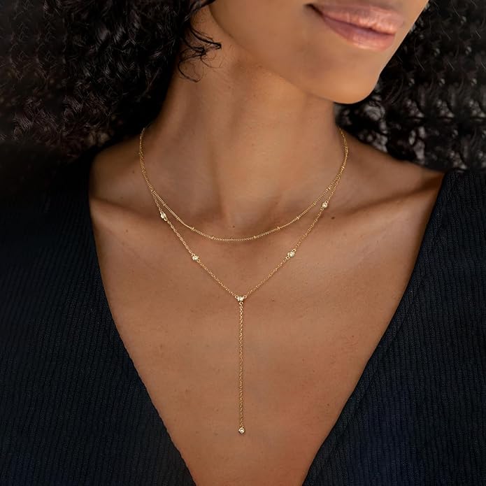 Gold Necklace for Women, Dainty Gold Long Necklaces 14k Gold Plated Prom Bar CZ Lariat Necklace Simple Choker Necklaces for Women Trendy Boho Fashion Costume Jewelry Womens