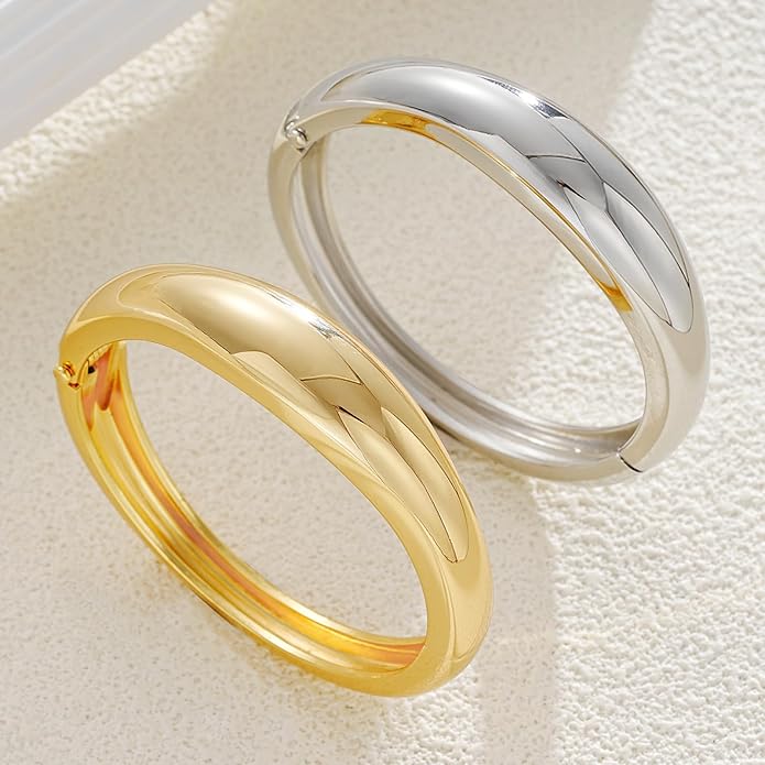 Gold Silver Bangles Bracelet for Women Trendy, 14K Gold Plated Dainty Thick Chunky Cuff Bracelet Stack