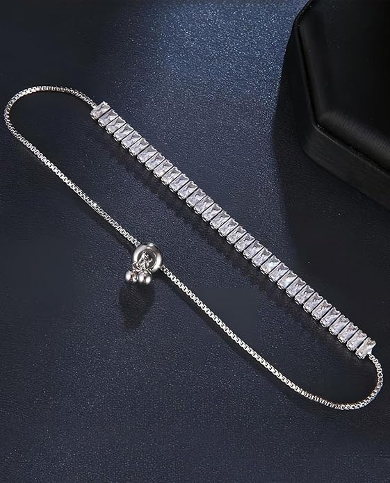 Italian Sterling Silver Women's Tennis Bracelets | Ladies' Sterling Silver Rope Adjustable Bracelet with Crystals | Gift for She