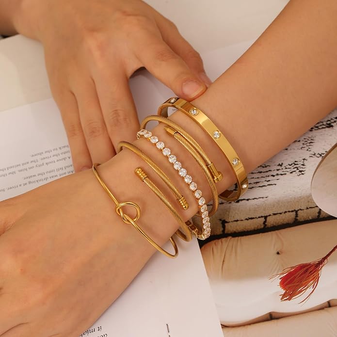 FAFUGA 18 K Gold Plated Love Bangle Bracelet Stack Cuff Jewelry for Women Jewelry Set for Women Gift with Box