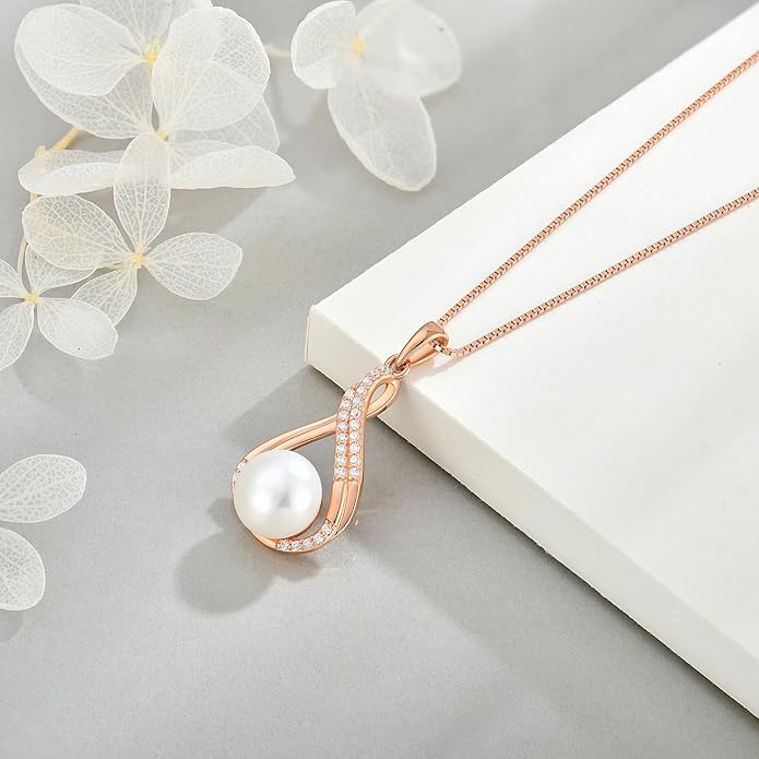 Veshon Celtic Infinity Pearl Pendant Necklace for Women, 925 Sterling Silver Good Luck Irish Pendant with 10MM Freshwater Cultured Pearl, White/Rose/ 14K Gold Plated Jewelry Gift