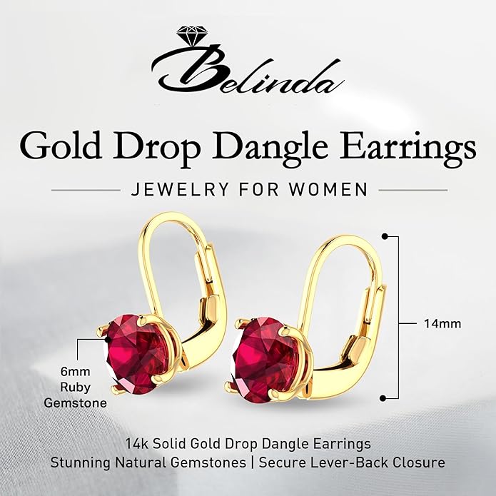 Women’s 14k Solid Gold Drop Dangle Earrings Lever Back Design with Natural Birthstone Gemstones Hypoallergenic Jewelry Collection Ideal Gifts for Wedding Anniversary