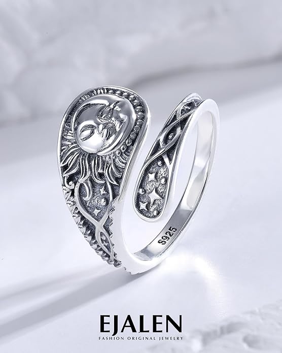 S925-Sterling-Silver Abalone Dragonfly-Turquoise Spoon Ring - Vintage Boho Sunflower Thumb Oxidized Wrap Rings Victorian Style Antique Floral Jewelry Gifts for Women