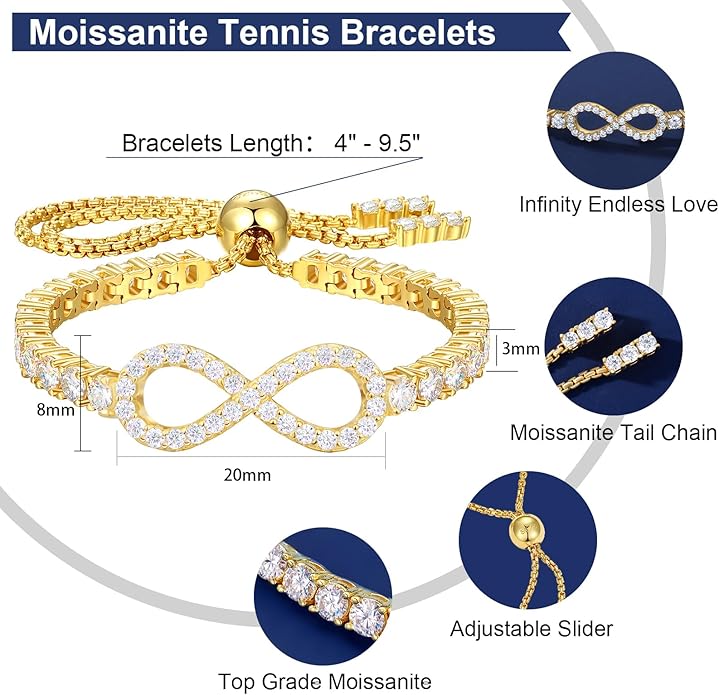 Imitation Diamond Infinity Tennis Bracelet for Women 3mm, 18K Gold Vermeil Moissanite Adjustable Bracelet, Skin-friendly .925 Sterling Silver Bolo Chain for Wrist Measuring 4"-9.5", D Color VVS1 Lab-created Diamond Jewelry Gift for Women