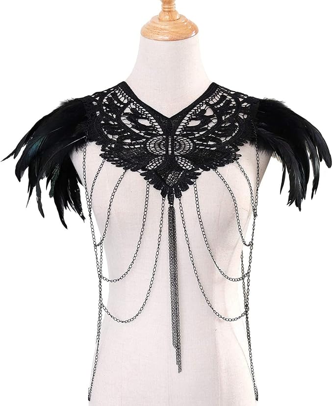 L'VOW Real Black Feather Harness Lace Collar Necklace Bib Halloween