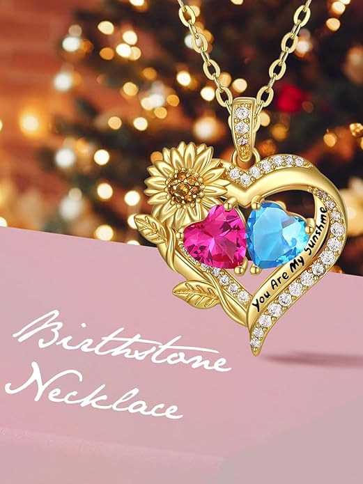 Sunflower Heart Necklace for Women 14K Gold Exquisite Anniversary Birthday Gifts for Wife Mother Her Double Birthstone Pendant jewelry‘You Are My Sunshine’