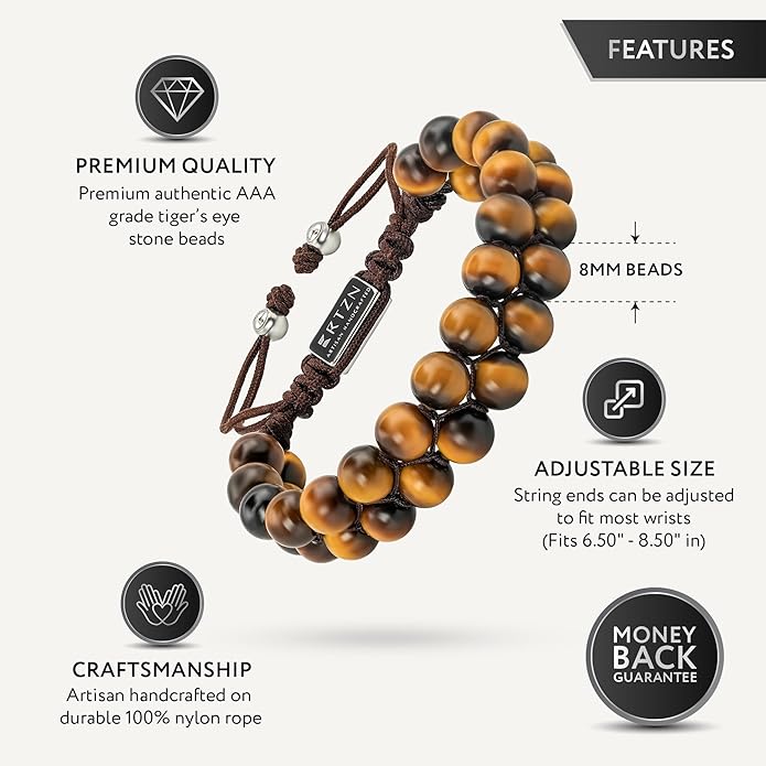 RTZN® Tigers Eye Bracelet for Men – Premium Artisan Handcrafted Golden Brown Tiger Eye Bead Bracelets – Natural Stone Tiger Eye Bracelet Men – Beaded Bracelets for Men