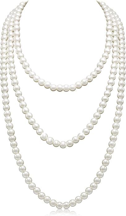 Long Pearl Necklaces for Women Cream White Faux Pearl Strand Layered Necklace Costume Jewelry
