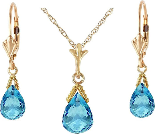 Galaxy Gold GG 14k Solid Gold Jewelry Set: Natural Briolette Blue Topaz Pendant Necklace and Dangle Earrings