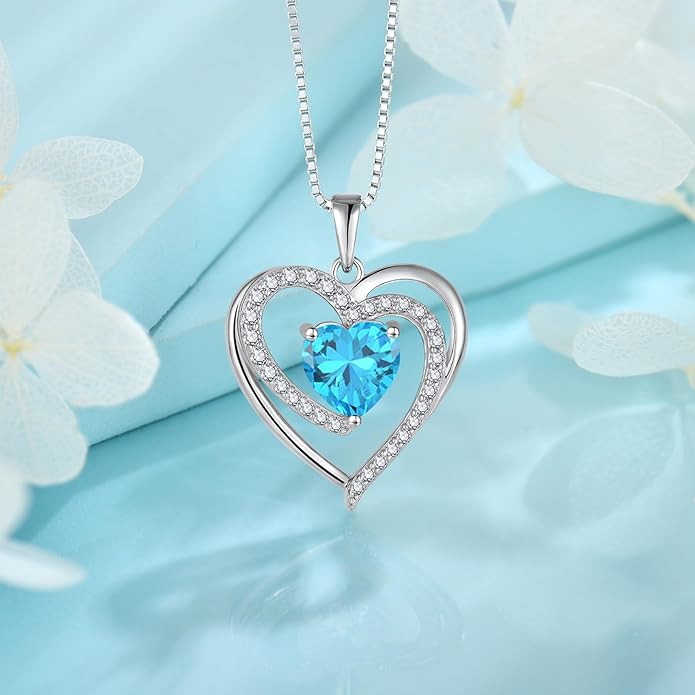 FJ Love Heart Necklace for Women 925 Sterling Silver Birthstone Pendant Anniversary Birthday Jewelry
