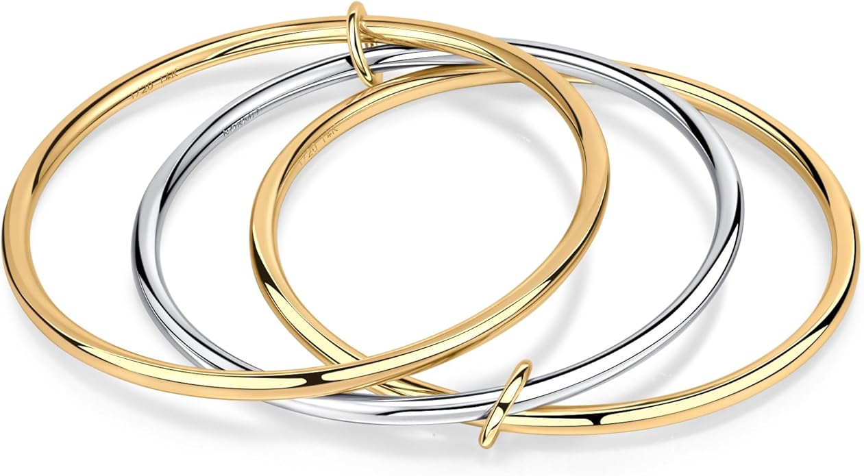 NOKMIT Triple Interlocked Stackable Bangle Bracelets for Women 3-Pack Two-Tone High Polished Stainless Steel Bangle Set Classic Plain Thin Non-Tarnish Gold&Silver