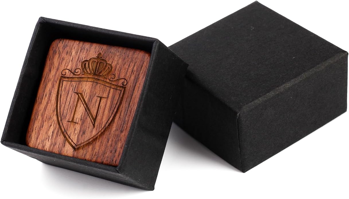 Mens Initial Silver Cufflinks A-Z Alphabet Letter Steel Cuff Links with Engraved Walnut Wood Box Groom Groomsman Wedding Set…