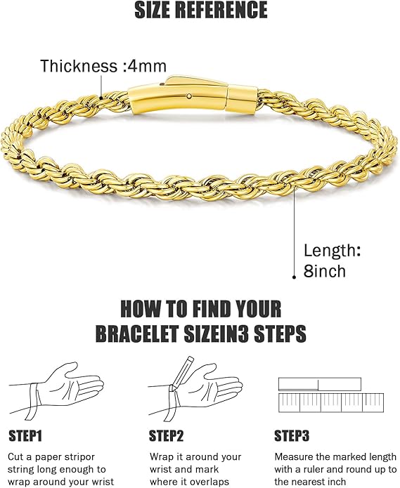 Men's 18K Gold Filled Bracelet - 8 Inch Rope Chain Bracelet with Easy-On Bayonet Clasp, Jewelry Box Included, Anniversary Birthday Gift for Men - Hypoallergenic Non-Tarnish, 4mm, Hip-Hop Accessory