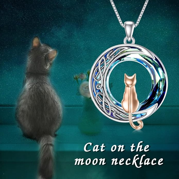 TOUPOP Christmas Cat Gifts for Cats Lovers One Two Three Four Cats Necklace Sterling Silver Cats on the Moon Pendant Necklace with Blue Circle Crystal Birthday Christmas Celtic Jewelry Gifts for Women