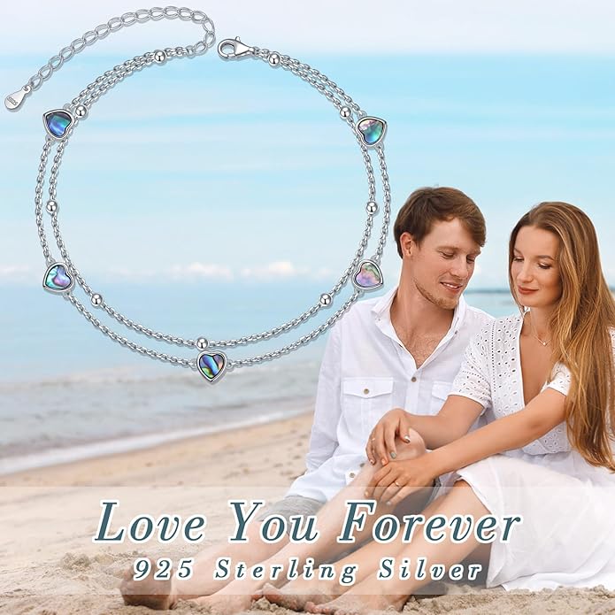 FLYOW Anklet for Women S925 Sterling Silver Adjustable Foot Beaded Heart Charm Ankle Bracelet Anklets Jewelry