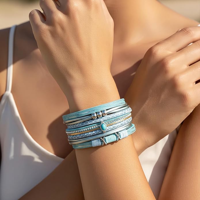 Edoneery Leather Wrap Bracelet for Women, Boho Handmade Multi-Layer Cuff with Crystal Beads Heart, Stackable Bangle Western Jewelry Gift