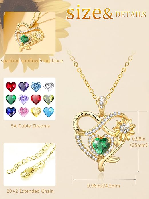 14K Gold Sunflower Heart Necklace for Women, You Are My Sunshine Jewelry with Birthstone Pendant, Anniversary Birthday Gifts for Her Wife Mom Grandma Daughter
