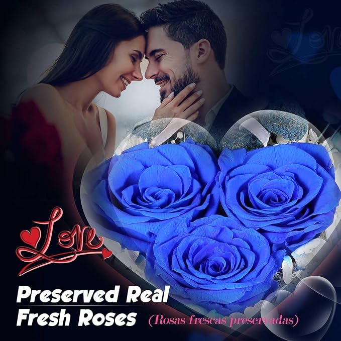 ADDWel Rose Gifts for Women - Preserved Real Roses Forever Blue Flowers with I Love You in 100 Languages Necklace and Cute Moss Bear for Girlfriend Wife Mom Grandma on Birthdays, Anniversaries