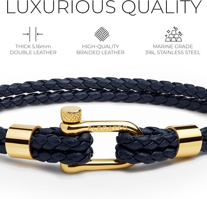 Elegatto Helix Premium Vintage Leather Bracelet for Men | Double Black Leather Strands with Sterling Silver Polished Mini Shackle Closure | Men’s Designer Jewelry