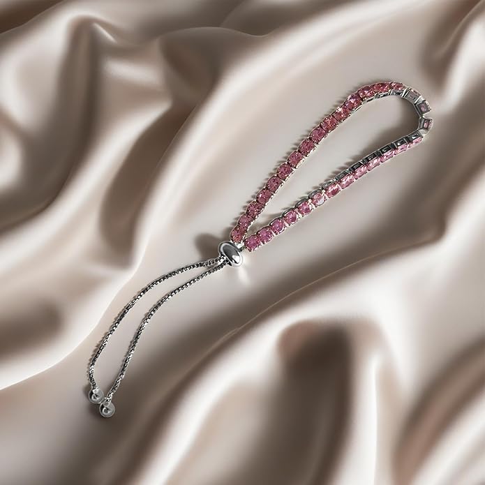 Italian Sterling Silver Women's Tennis Bracelets | Ladies' Sterling Silver Rope Adjustable Bracelet with Crystals | Gift for She