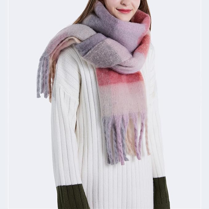 SHOHOKU Large Chunky Plaid Scarf Coloured Checked Oversized Scarf Tassel Soft Fall Winter Thick Warm Shawl Women