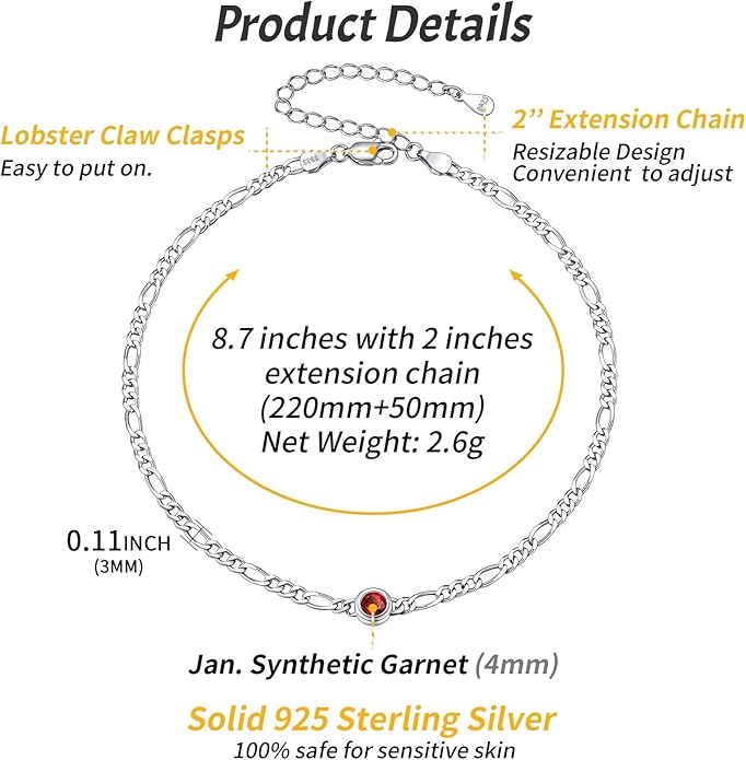 ChicSilver Sterling Silver Anklets Bracelets for Women, Figaro Chain Heart/Round Birthstone Anklet for Women Waterproof, Dainty Herringbone Ankle Bracelet Summer Beach jewelry