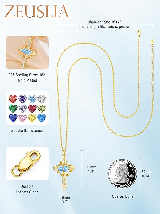 Zeuslia Double Birthstone Necklace Gifts for Wife - 925 Sterling Silver Sunflower/Rose/Crown Cross/Compass/Heart Pendant I Love You Necklace, Anniversary Birthday Gifts for Wife Girlfriend Mom Her