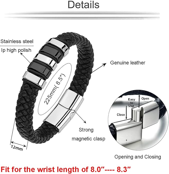 Leather Bracelet for Men Braided Cuff Wristband Stainless Steel Clasp in Silver and Gold Jewellery Gift