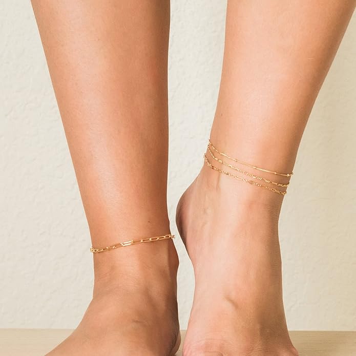 DEARMAY 14K Gold Plated Ankle Bracelets for Women Waterproof - Dainty 6Pcs Anklets Layered Cuban Link Chain Herringbone Cute Anklets Set Pack Summer Beach Jewelry Gift for Women Teen