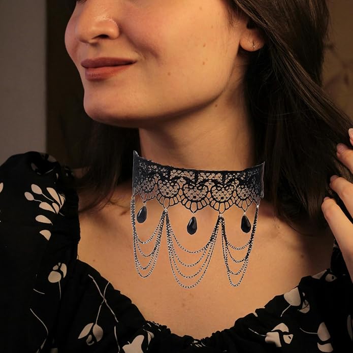 Gothic Lace Choker Necklace for Women,Vintage Black Crystal Hollowed Out Choker Statement Punk Style Layered Tassels Necklace Halloween Dark Witch Costume