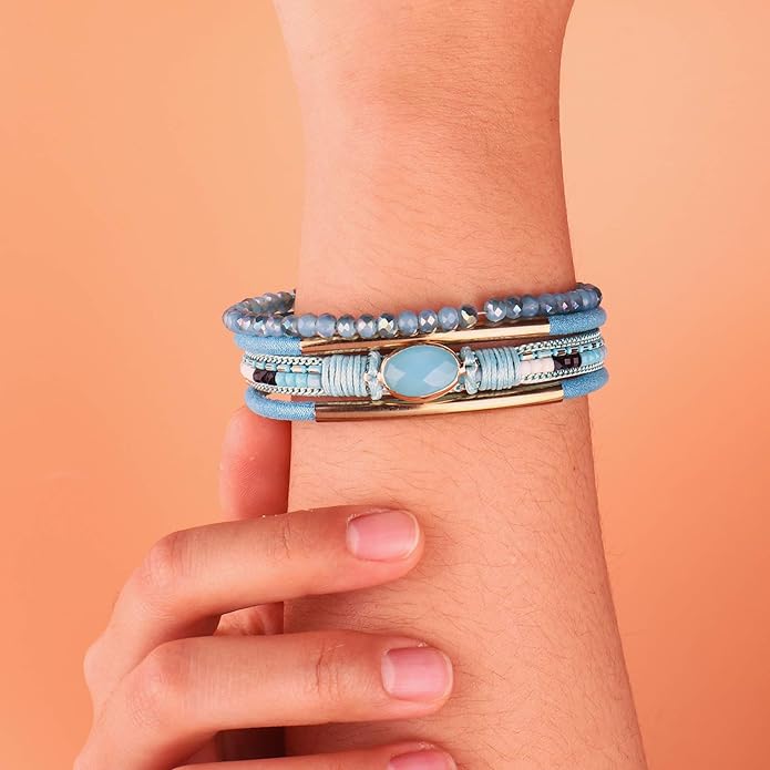 FANCY SHINY Leather Wrap Bracelets Crystal Beads Bracelet Boho Cuff Stone Charm Bracelets with Clasp Costume Jewelry for Women