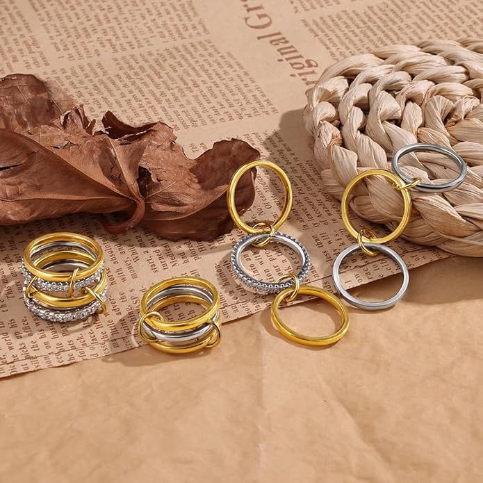 ACLOKOO 4 Pack Interlocked Stackable Rings for Women - 14K Gold Plated Statement 4 Mixed Metals Multi Ring Stack - Cubic Zirconia Two-Toned Connected Bands Stacking Jewelry