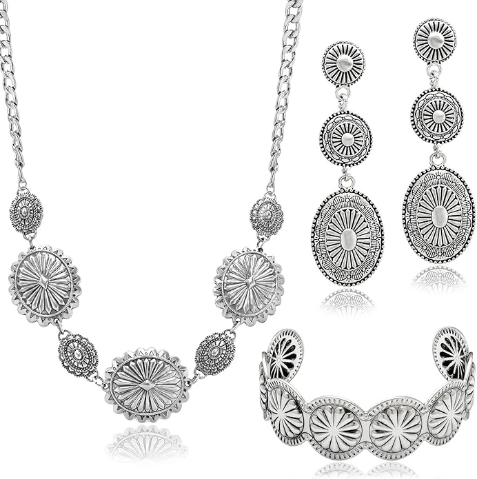 3 Pcs Western Concho Costume Jewelry Set for Women Western Dangle Earrings Boho Choker Necklace Bohemian Cuff Bracelet Cowboy Chic Country Concert Outfits for Women Christmas Jewelry Gift