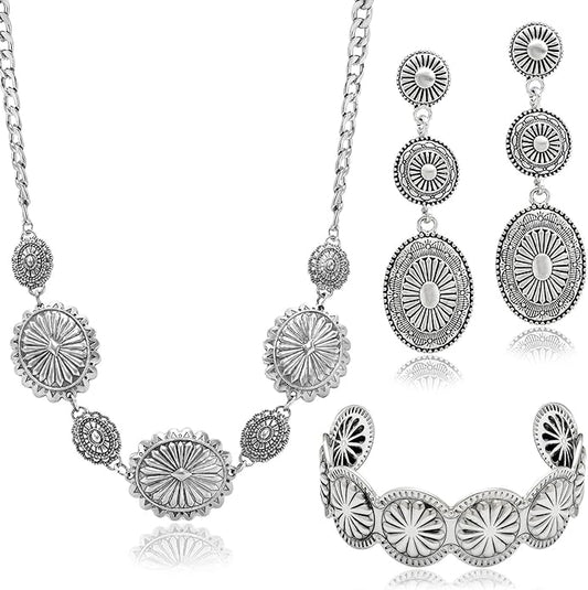 3 Pcs Western Concho Costume Jewelry Set for Women Western Dangle Earrings Boho Choker Necklace Bohemian Cuff Bracelet Cowboy Chic Country Concert Outfits for Women Christmas Jewelry Gift