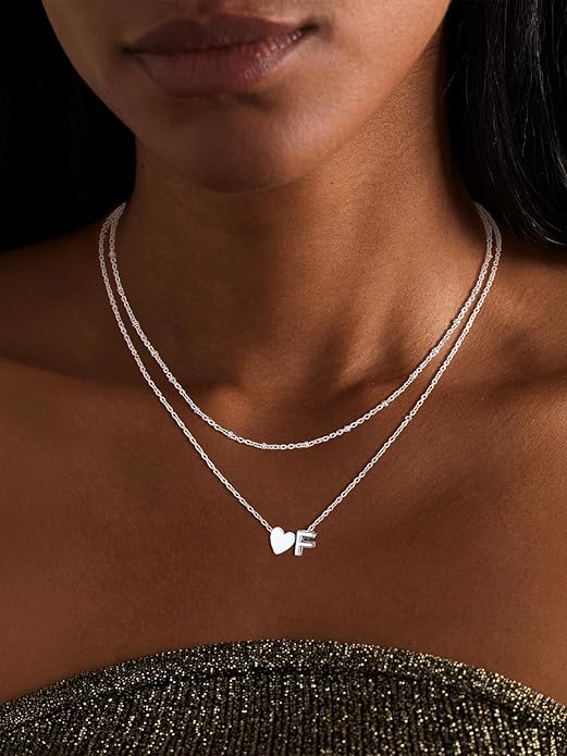FOCALOOK Layered Initial Necklace for Women, 14K Gold Plated Choker Necklaces Stacks with Initial A-Z, Dainty Silver Heart Pendant Necklace Personalized Birthday Women Jewelry