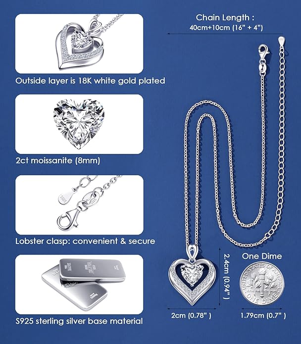 Beam & Bask 2-3 Ct Moissanite Double Heart Pendant Necklaces for Wife, 18K Gold Plated S925 Silver Jewelry for Women Girlfriend Mom Her on Anniversary Birthday