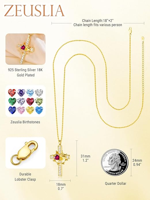 Zeuslia Double Birthstone Necklace Gifts for Wife - 925 Sterling Silver Sunflower/Rose/Crown Cross/Compass/Heart Pendant I Love You Necklace, Anniversary Birthday Gifts for Wife Girlfriend Mom Her