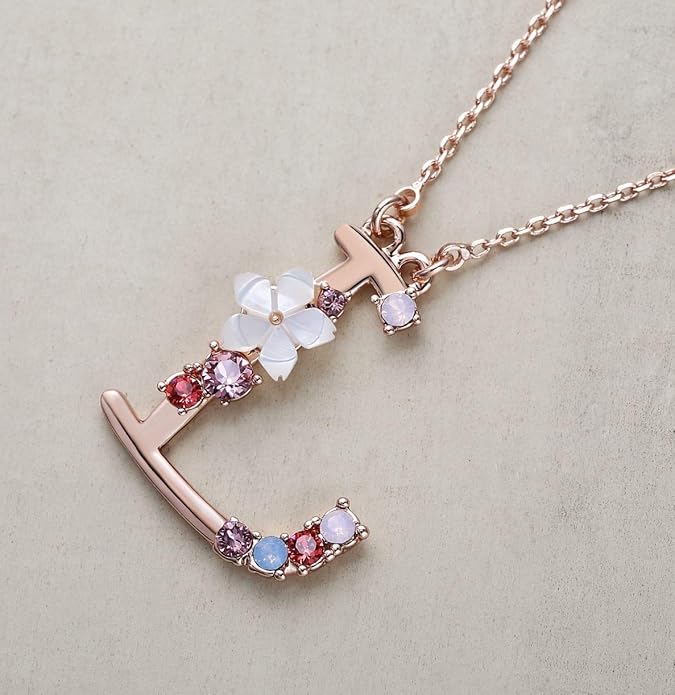 Flower Initial Letter Necklace Pink Red Blue Simulated Pearl Pendant Name Jewelry Made with Austrian Crystals Rose Gold Plated Anniversary Birthday Gifts for Women,18"+2"