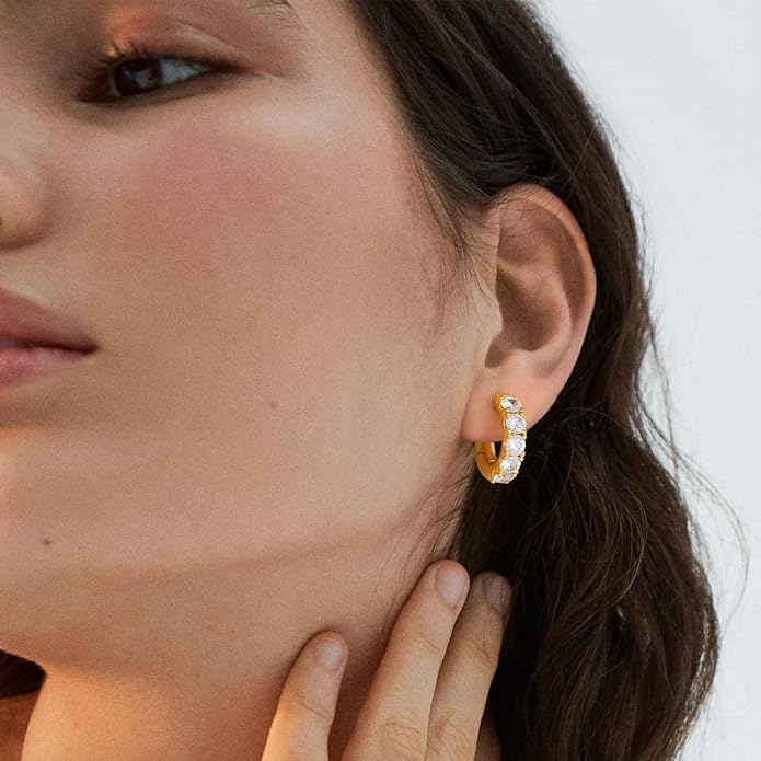 Gold Huggie Hoop Earrings 14K Gold Plated Dainty Chunky Thick Hoop Diamond Cubic Zriconia Inlay Sleeper Tiny Delicate Boho Beach Simple Hypoallergenic Jewelry Gift for Her