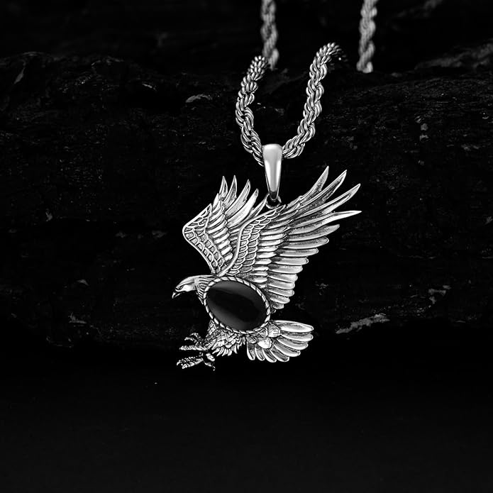 BETHZA Eagle Necklace for Men 925 Sterling Silver Real Gemstone Vintage Hawk Pendant Western Viking Animal Jewelry Gifts for Father