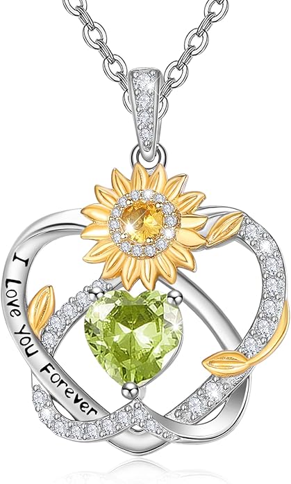 Zeuslia Double Birthstone Necklace Gifts for Wife - 925 Sterling Silver Sunflower/Rose/Crown Cross/Compass/Heart Pendant I Love You Necklace, Anniversary Birthday Gifts for Wife Girlfriend Mom Her