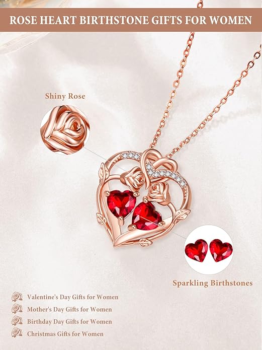 Rose Gold Necklaces for Women Double Birthstone Rose Flower Heart Pendant Necklace Jewelry Anniversary Christmas Valentine's Mother's Day Birthday Gift for Wife Mom Her Girlfriend Sister