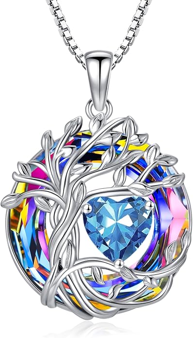 TOUPOP Christmas Gifts Tree of Life Birthstone Necklace 925 Sterling Silver Pendant Austrian Crystal Jewelry Anniversary Birthday Gifts for Women Mom Her Wife