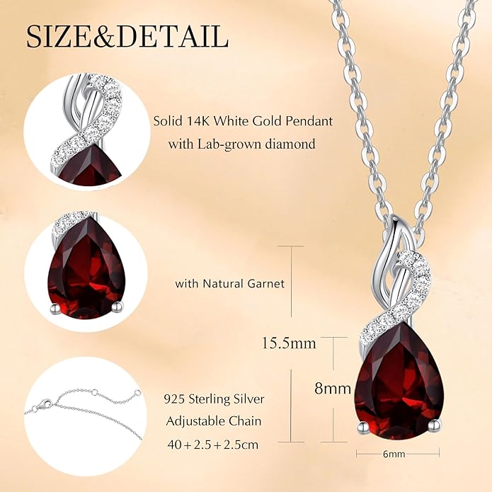 FANCIME 14K Solid White Gold Teardrop Pendant with Diamond Birthstone Necklace