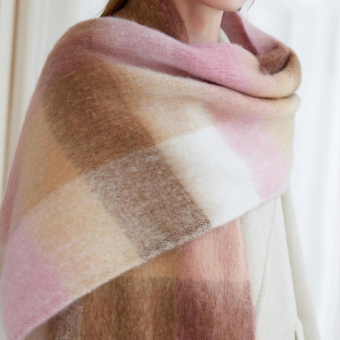 SHOHOKU Large Chunky Plaid Scarf Coloured Checked Oversized Scarf Tassel Soft Fall Winter Thick Warm Shawl Women