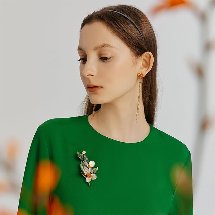Handmade Embroidery Flower Brooch Pins for Women, SHE'S FREE STYLE JUST FOR YOU Luxury Gradient Stitching Floral Brooch Pins with Crystal stamen, Enamel Metal Butterfly with Green Leaves, Hand Dripping Oil Jewelry pins