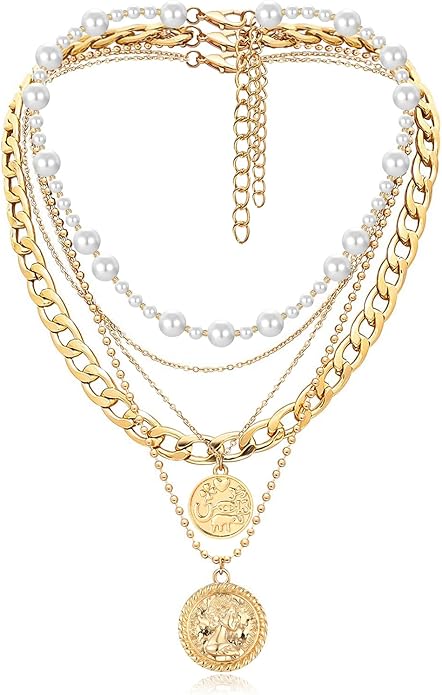 MJartoria Layered Necklaces for Women Trendy Retro Coin Pendant Necklace Dainty Chunky Chain Choker Necklaces for Jewelry Birthday Gifts